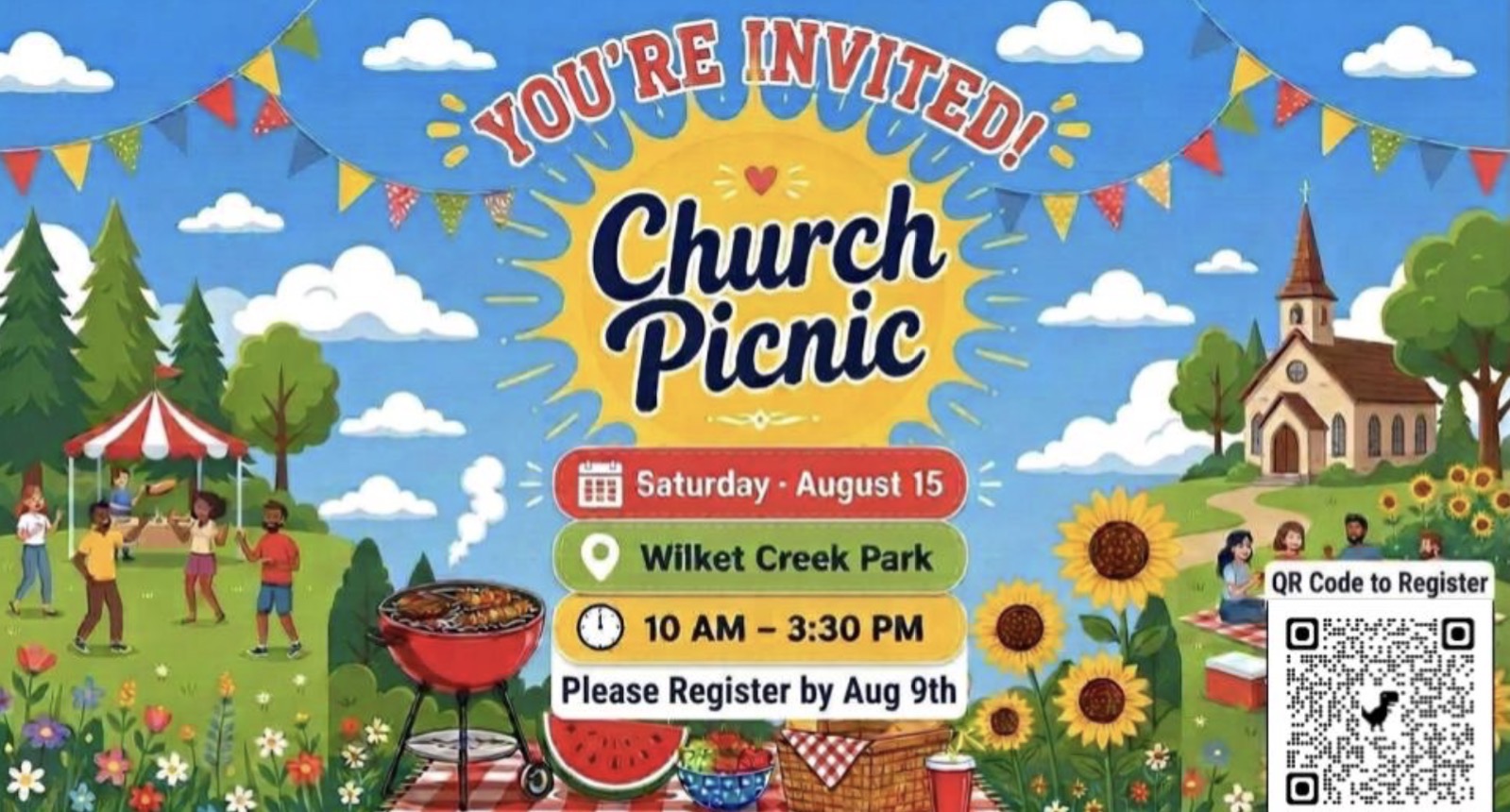 Join us for our annual church picnic on August 15th at Wilket Creek Park. 